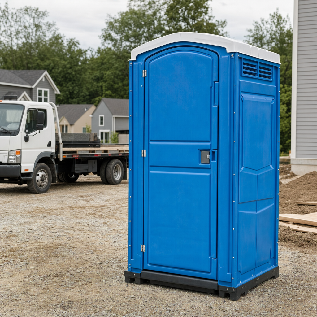 Delivery driver positioning a clean royal-blue portable toilet on level ground at a Springfield worksite