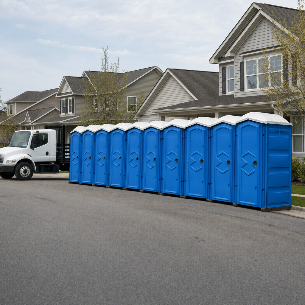 Royal blue portable toilets staged in a tidy row at a Springfield jobsite, ready for delivery